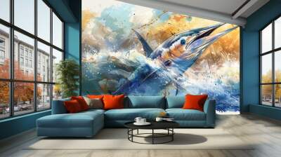 Watercolor painting of a marlin leaping from water. Wall mural