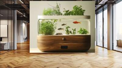 Wooden aquarium with fish and plants. Wall mural