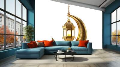 Golden Ramadan lantern hanging on gold moon on white background Wall mural