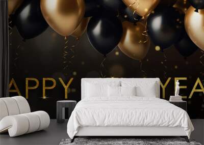 Happy New Year, Gold text with a black and gold balloon background Wall mural