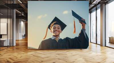 Mixed race man wearing graduation cap and gown holding diploma Wall mural