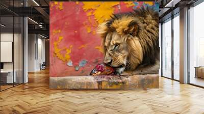 A lion eating its prey isolated on colorful background Wall mural