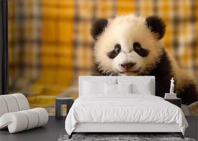 A playful baby panda on tiled color background Wall mural