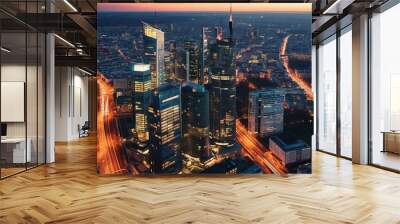 Aerial view of Warsaw's modern skyscrapers and business center; view of the city center from above in Warsaw, Poland. Generative AI Wall mural