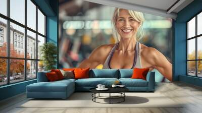 Beautiful senior woman with a perfect body, smiling and posing at the gym after her workout. Wall mural