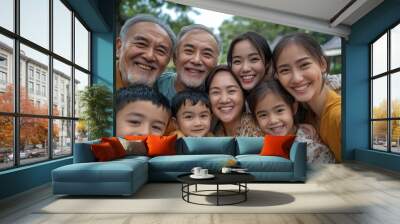 Big family, portrait smile and selfie for happy quality bonding together for fun day in the nature park. Parents, grandparents and kids faces smiling for family time, photo or holiday, Generative AI Wall mural