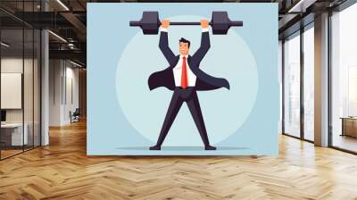 Business graphic vector modern style illustration of a business man lifting heavy weight succeeding being strong champion winning super hero carry burden achieve success conquer challenge Wall mural