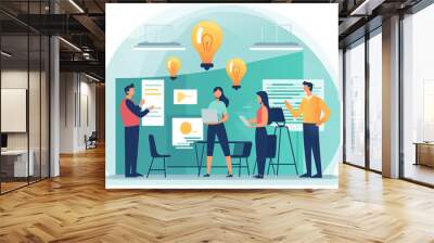 Business graphic vector modern style illustration of a business person in a workplace environment having lightbulb moment bright ideas collaborate work together brainstorming solution successful Wall mural