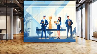 Business graphic vector modern style illustration of a business person in a workplace environment winning a trophy award succeed jump for joy cheer employee company winning recognition great Wall mural