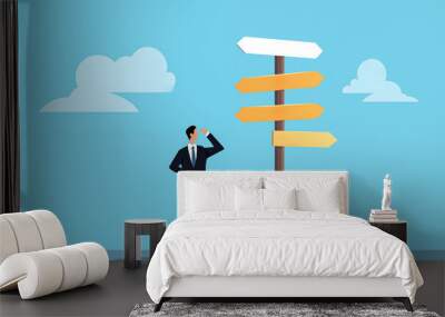 Business graphic vector modern style illustration of a business person next to a signpost representing lost no direction unsure indecisive which way to go or which decision to make Wall mural