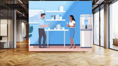 Business graphic vector modern style illustration of business people in an office environment discussing decision making collaborating water cooler moment strategy thinking break time Wall mural