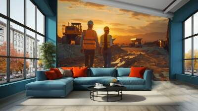 Caucasian Male Civil Engineer And Hispanic Female Architect Walking On Construction Site With Laptop Computer And Talking About New Real Estate Project. Machinery Working On Background. Generative AI Wall mural