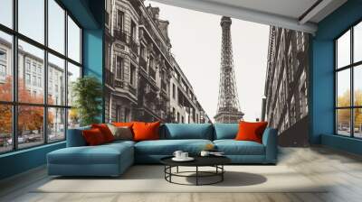 Eiffel Tower surrounded by buildings with monochrome tones - perfect for backgrounds Wall mural