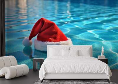 Christmas hat by the swimmingpool. Created with Generative AI Wall mural