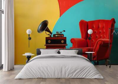 Classic gramophone on red armchair isolated on colorful background Wall mural