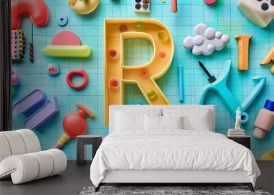 concept letter R made of toys and art supply on tiled color background Wall mural