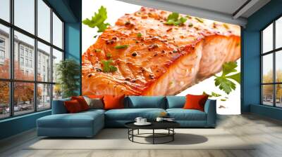 Cooked salmon fillet isolated on transparent background Wall mural