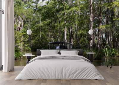 covered swamp tour boat at honey island swamp with green trees covered in spanish moss in louisiana Wall mural