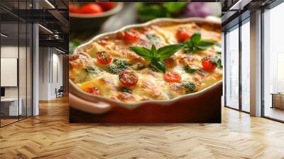 Creamy homemade Italian vegetable lasagna baked in ceramic dish with melted cheese, tomatoes, and fresh basil Wall mural