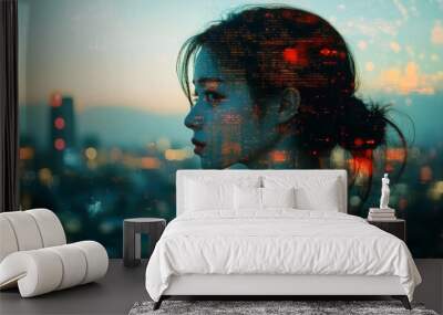 Double exposure, A woman overlaid with cityscape and data, symbolizing the intersection of urban life and digital information, Generative AI Wall mural