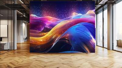 Fantastic wallpaper with an abstract future backdrop with gold, pink, and blue neon fluid waves, highlights, techno sound design, and a shape denoting the transfer of data.  Wall mural