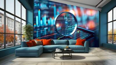 Magnifying glass over stock charts, graphs, and data visualizations, presented in the distinct framing and performance, accumulative process, stock market or cryptocurrency investing concept. Wall mural