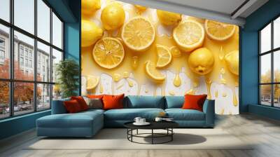 Fresh lemon juice dripping with lemon fruits levitate isolated on white background, Generative AI Wall mural