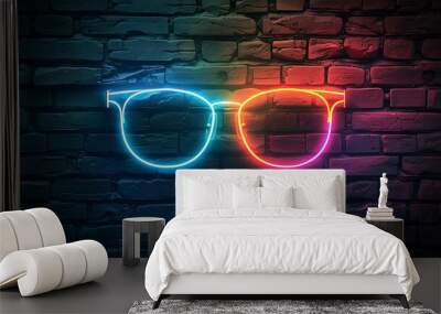 Glasses sign with glowing neon colorful lighting on black brick wall Wall mural