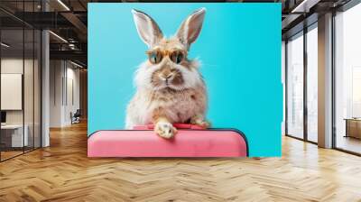 Happy fluffy rabbit traveler with luggage on blue background adorable bunny in pink suitcase Wall mural