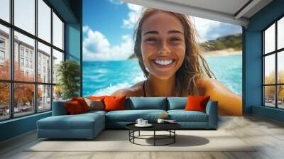 Happy young woman surfer captures beach adventure with a selfie, Generative AI Wall mural