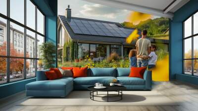 Happy family in front of Photovoltaics equiped house Wall mural