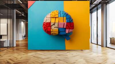 Human brain is made of multi colored wooden blocks isolated on colorful background Wall mural