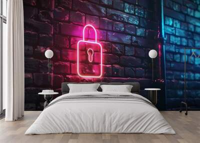 Lock sign with glowing neon colorful lighting on black brick wall Wall mural