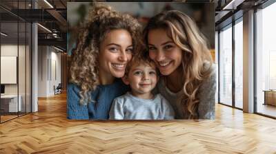 Loving lesbian couple spending time with her son at home, Generative AI Wall mural