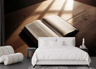 Open Bible on Table in Sunlight - Christian Faith Concept Wall mural