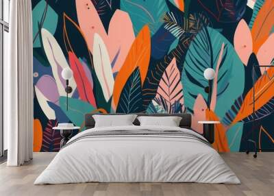 Modern colorful tropical floral pattern. Cute botanical abstract contemporary seamless pattern. Hand drawn unique print, Generative AI Wall mural