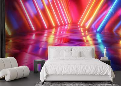 Neon background abstract with light shapes line diagonals on colorful and reflective floor Wall mural