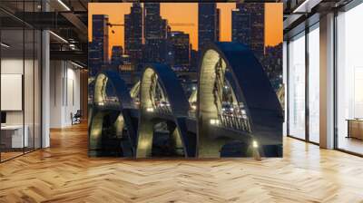 New 6th Street bridge in Los Angeles at sunset with the Los Angles skyline in the distance Wall mural