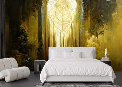 oil painting on canvas abstract symbolism thin veil between two dimensions spiritual portal to the other side beautiful lighting gold leaf detail  Wall mural