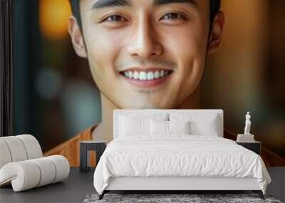 Portrait of young handsome asian beauty smile man isolated background, Generative AI Wall mural