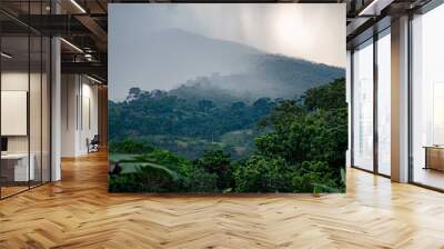 Rain squalls drench a mountain side in the jungles of  tropical West Africa in Ghana. Wall mural