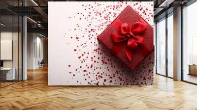 Red gift box with a red ribbon bow and confetti on a white background. Valentine's Day banner with gifts. Mother's day gift, birthday surprise. Love, romantic, Generative AI Wall mural