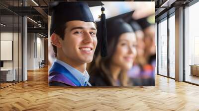 Smiling male graduate in cap and gown standing among peers at commencement ceremony, copy space Wall mural