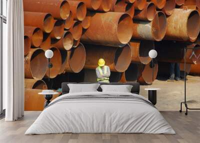 Municipal water pipes and a worker with a hard hat Wall mural