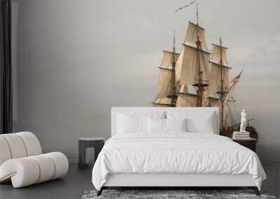 Vintage Frigate sailing into a fog bank Wall mural