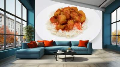 Sweet and Sour Chicken on White Rice on top of a White Plate Wall mural