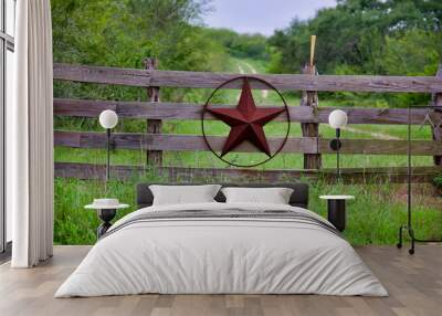 Texas rustic star on countryside side wooden fence, with road to the house slowly dissolving in the background. Wall mural