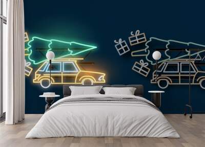 A car travelling home for christmas carrying a christmas tree and presents. Neon light sign with on and off versions. Vector illustration. Wall mural