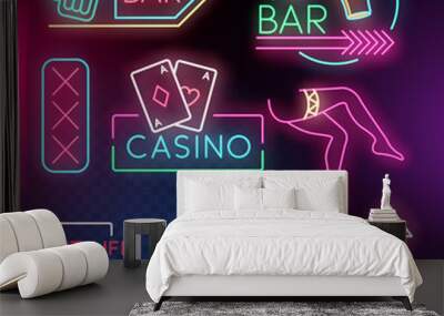 A collection of Neon night life light signs including, bars, casino and  live music. Vector illustration Wall mural