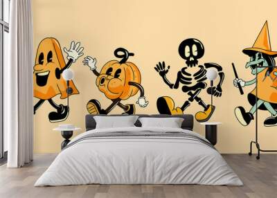 a collection of vintage style halloween characters including a ghost, pumpkin and witch. vector illu Wall mural